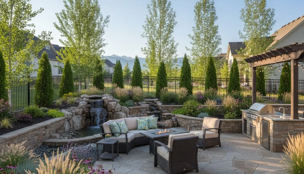 Backyard patio landscaping with lighting and plantings by Chop Chop Landscaping in Ogden, UT