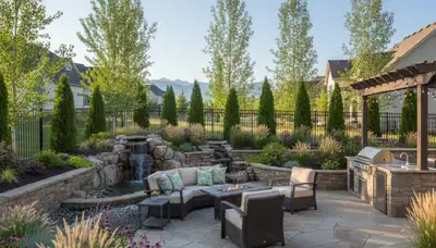 Backyard patio landscaping with lighting and plantings by Chop Chop Landscaping in Ogden, UT
