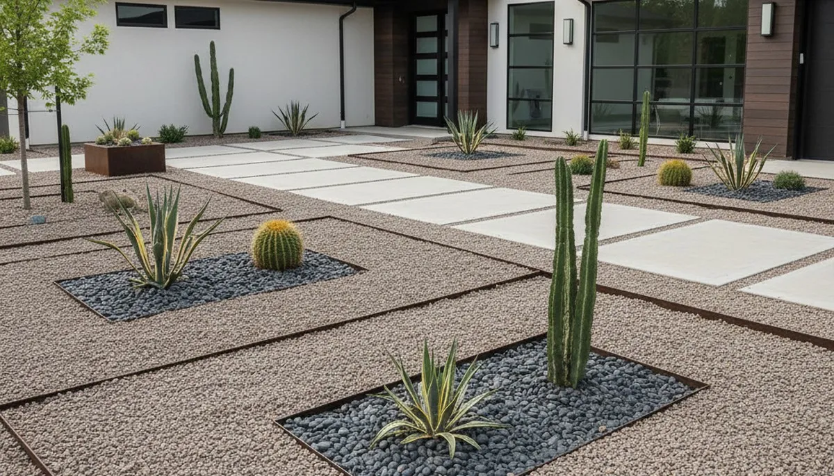 Modern pea gravel landscape design with geometric lines and desert plants in Ogden, UT