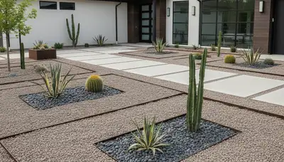 Modern pea gravel landscape design with geometric lines and desert plants in Ogden, UT
