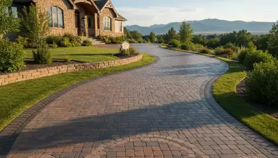 Curved paver driveway design by professional landscapers in Ogden, UT showcasing expert craftsmanship
