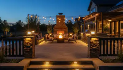 Professional deck and patio lighting with post cap and step lights in Ogden, UT by Chop Chop Landscaping