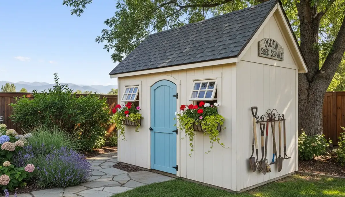 Decorative garden shed with custom landscaping in Ogden, UT by Chop Chop Landscaping