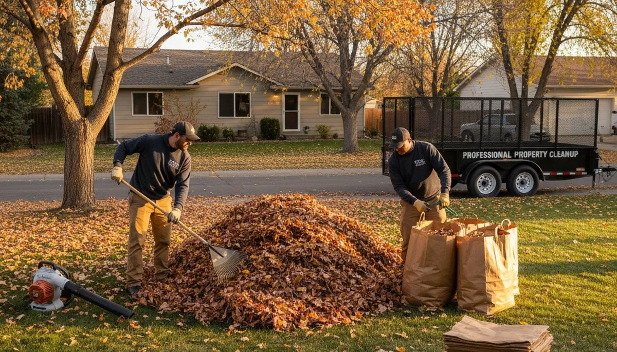 Ogden UT landscapers raking and bagging fall leaves during seasonal yard cleanup service