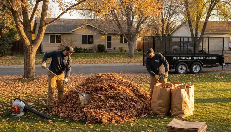 Ogden UT landscapers raking and bagging fall leaves during seasonal yard cleanup service