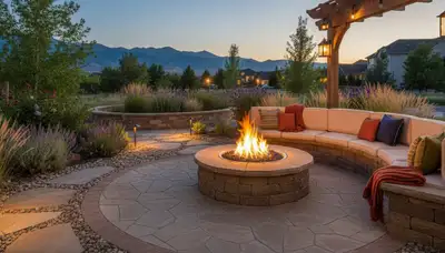 Modern fire pit patio with paver seating and landscape lighting by Ogden, UT landscaping experts
