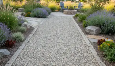 Pea gravel garden pathway with natural drainage, designed by landscaping experts in Ogden, Utah