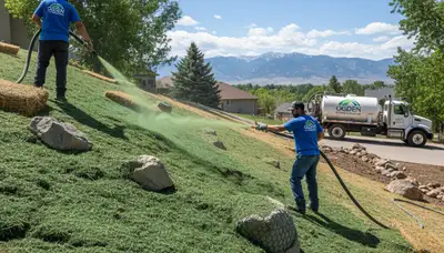 Professional hydroseeding stabilizing steep hillside erosion control in Ogden, UT landscaping project