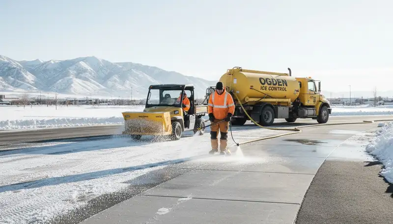 Professional de-icing and salt application on Ogden, UT pavement by Chop Chop Landscaping