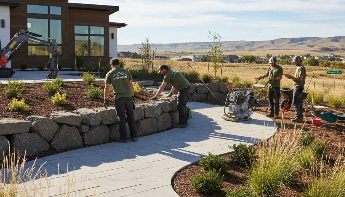 Landscaping service team in Ogden, UT maintaining a residential lawn