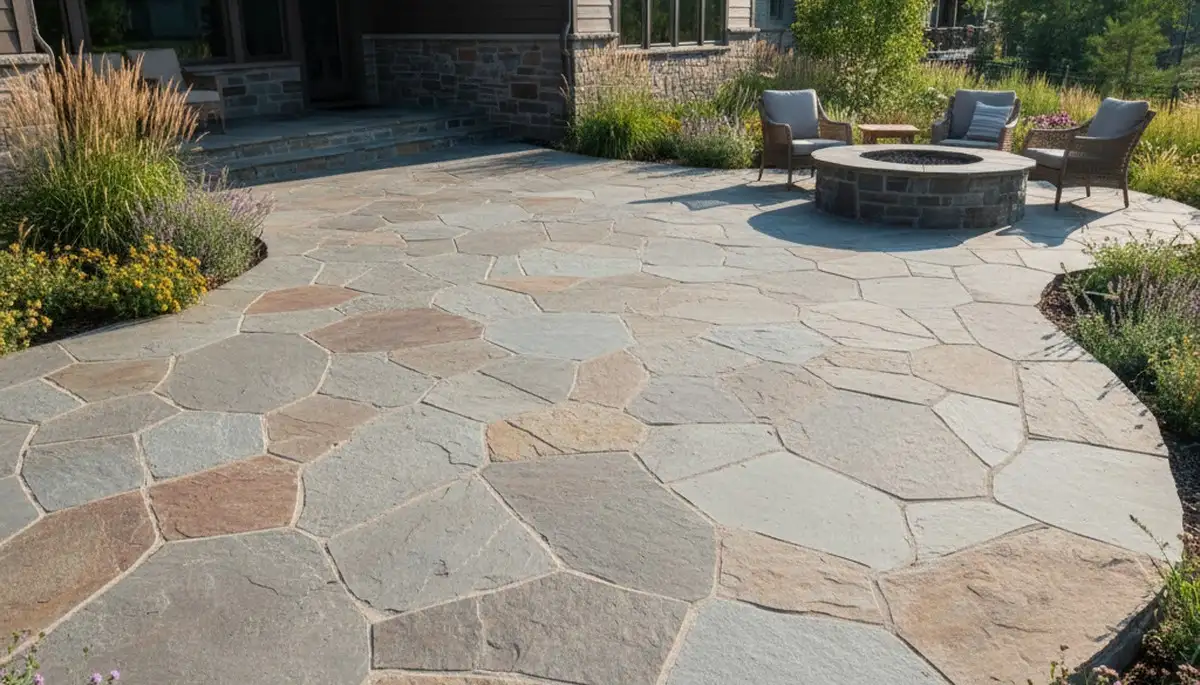 Modern large stone slab patio installation by Chop Chop Landscaping in Ogden, Utah