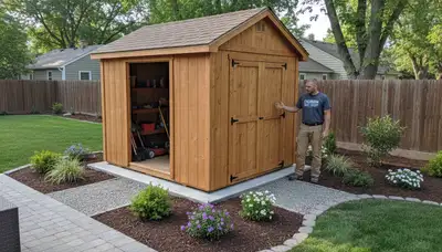 New backyard shed installation by Chop Chop Landscaping in Ogden, UT with durable foundation and design