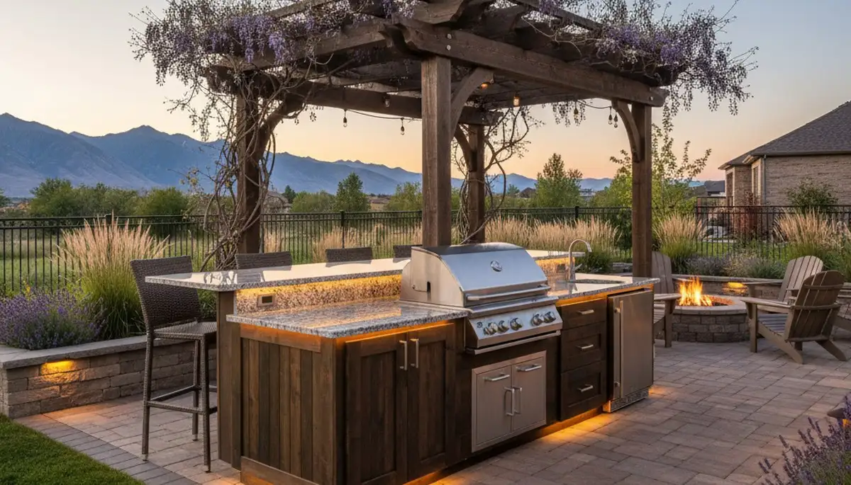Luxury outdoor kitchen and pergola by Ogden, UT landscaping experts with granite and native plant design