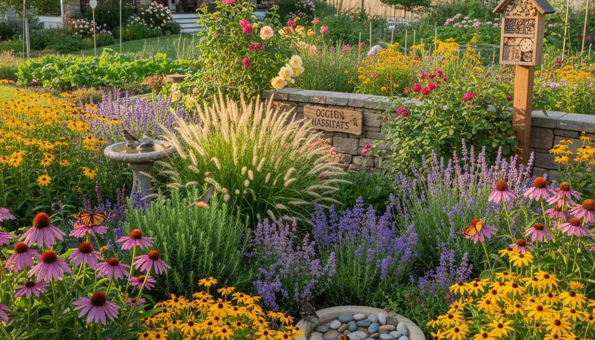 Pollinator-friendly native garden with bees and butterflies by organic landscapers in Ogden, UT