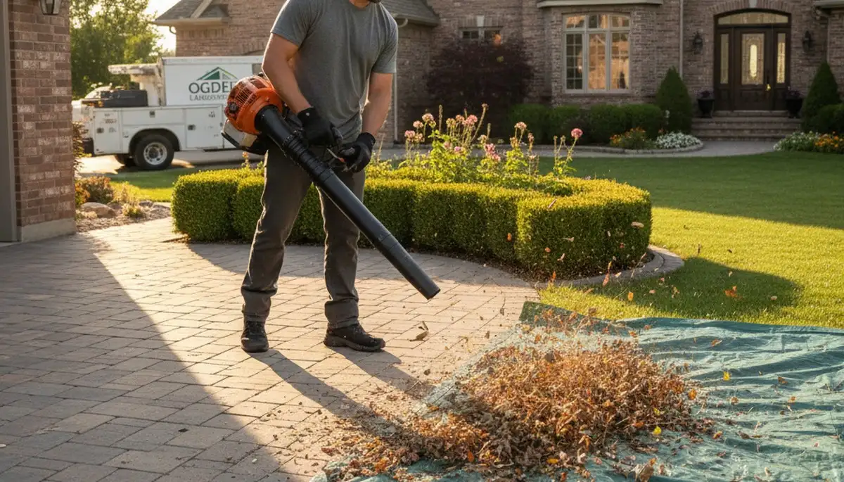Technician using leaf blower for lawn debris cleanup on Ogden, UT property by Chop Chop Landscaping