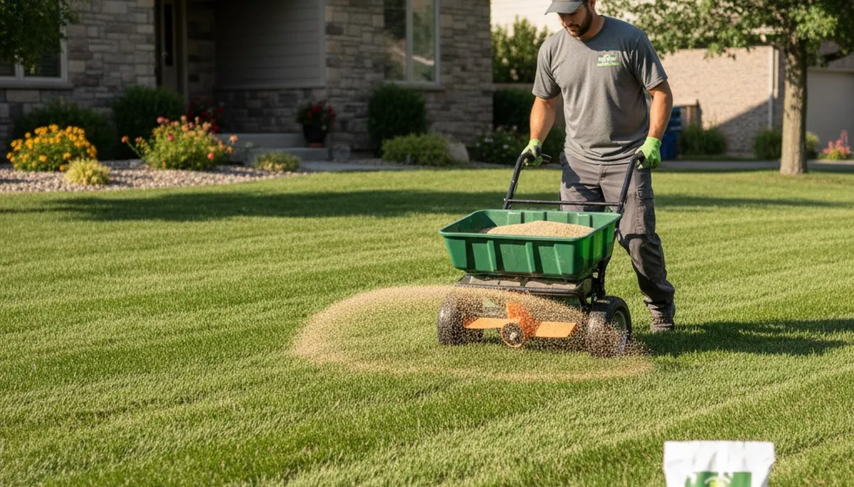 Lawn care technician spreading fertilizer evenly on residential lawn in Ogden, UT for Chop Chop Landscaping