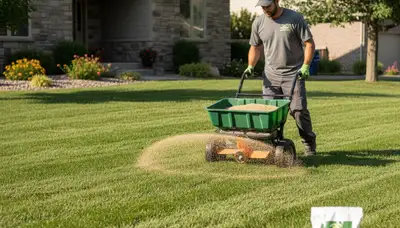 Lawn care technician spreading fertilizer evenly on residential lawn in Ogden, UT for Chop Chop Landscaping