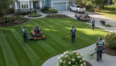 Professional lawn maintenance crew mowing and edging a residential yard in Ogden, UT