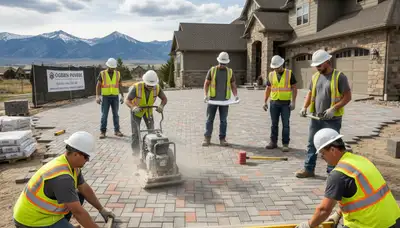 Technicians installing interlocking driveway pavers with base prep in Ogden, UT landscaping project