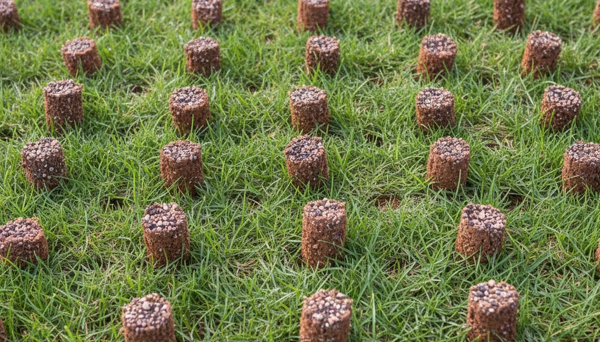 Close-up of soil core plugs from professional lawn aeration treatment in Ogden, UT landscaping service