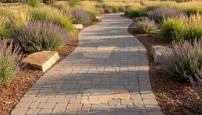 Curved stone paver walkway installation in Ogden, UT by Chop Chop Landscaping for elegant outdoor design