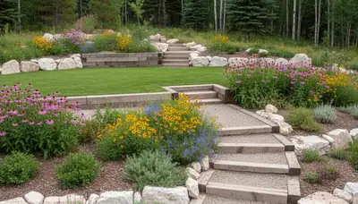Terraced garden with timber steps and native plants on sloped Ogden, UT landscape design