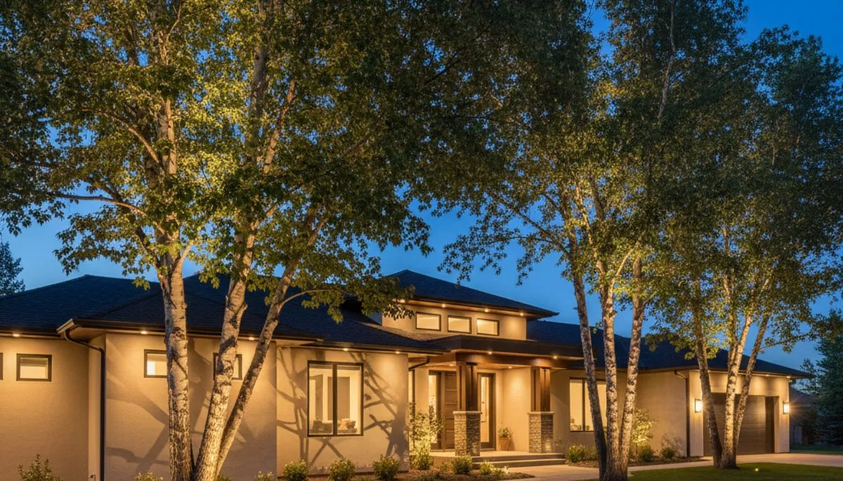 Mature trees with professional uplighting enhancing evening landscape lighting in Ogden, Utah